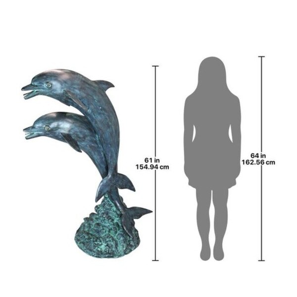 Piped Twin Dolphins in Tandem Bronze Garden Statue Life Size Comparison